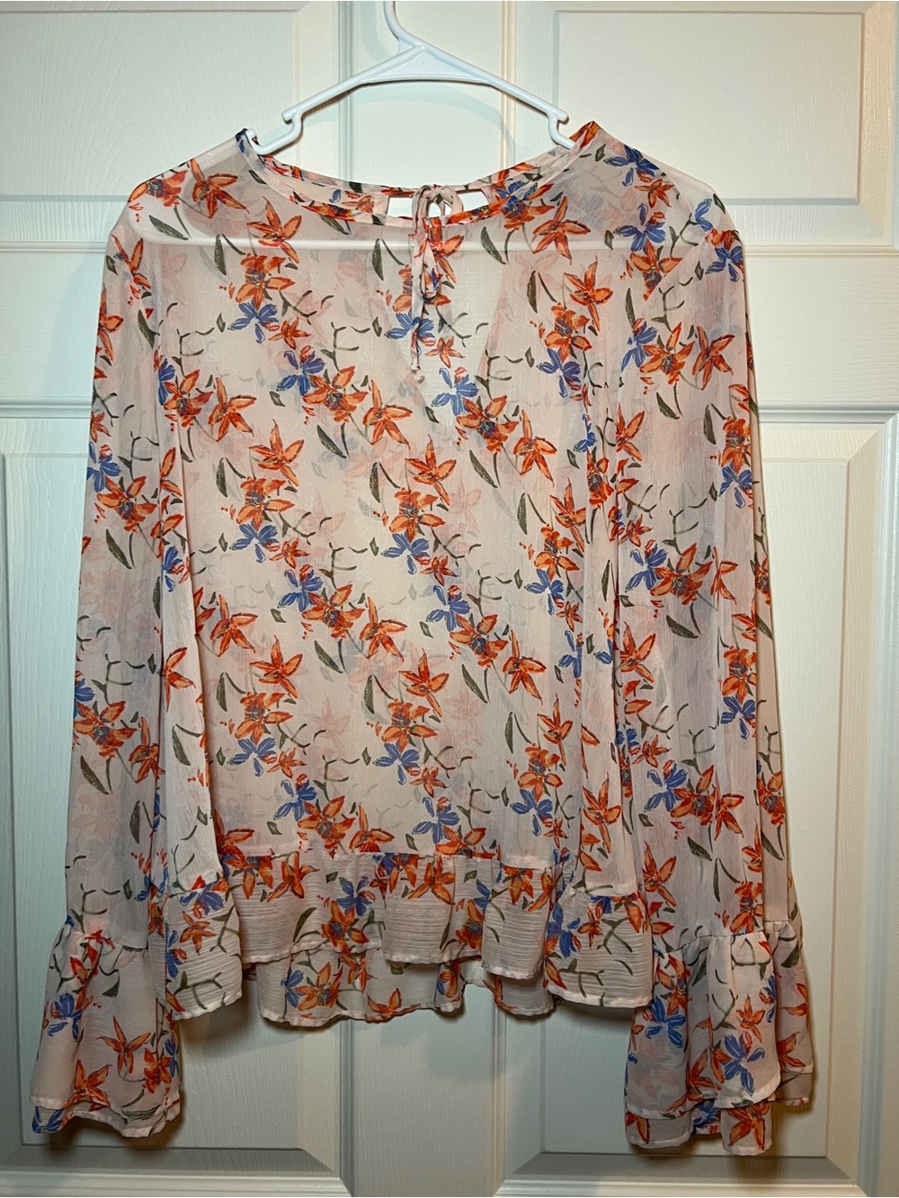 Falls Creek Ivory Sheer Blouse with Orange & Blue Floral